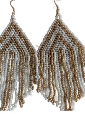 Gold & White Beaded Fringe Earrings